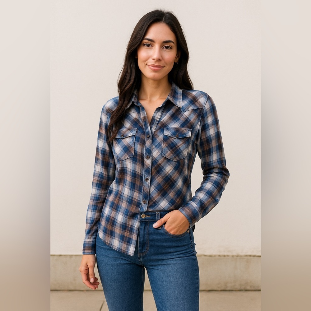 NorthCrest Women’s Western Shirt Size Large Blue Plaid 100% Cotton Button Blouse